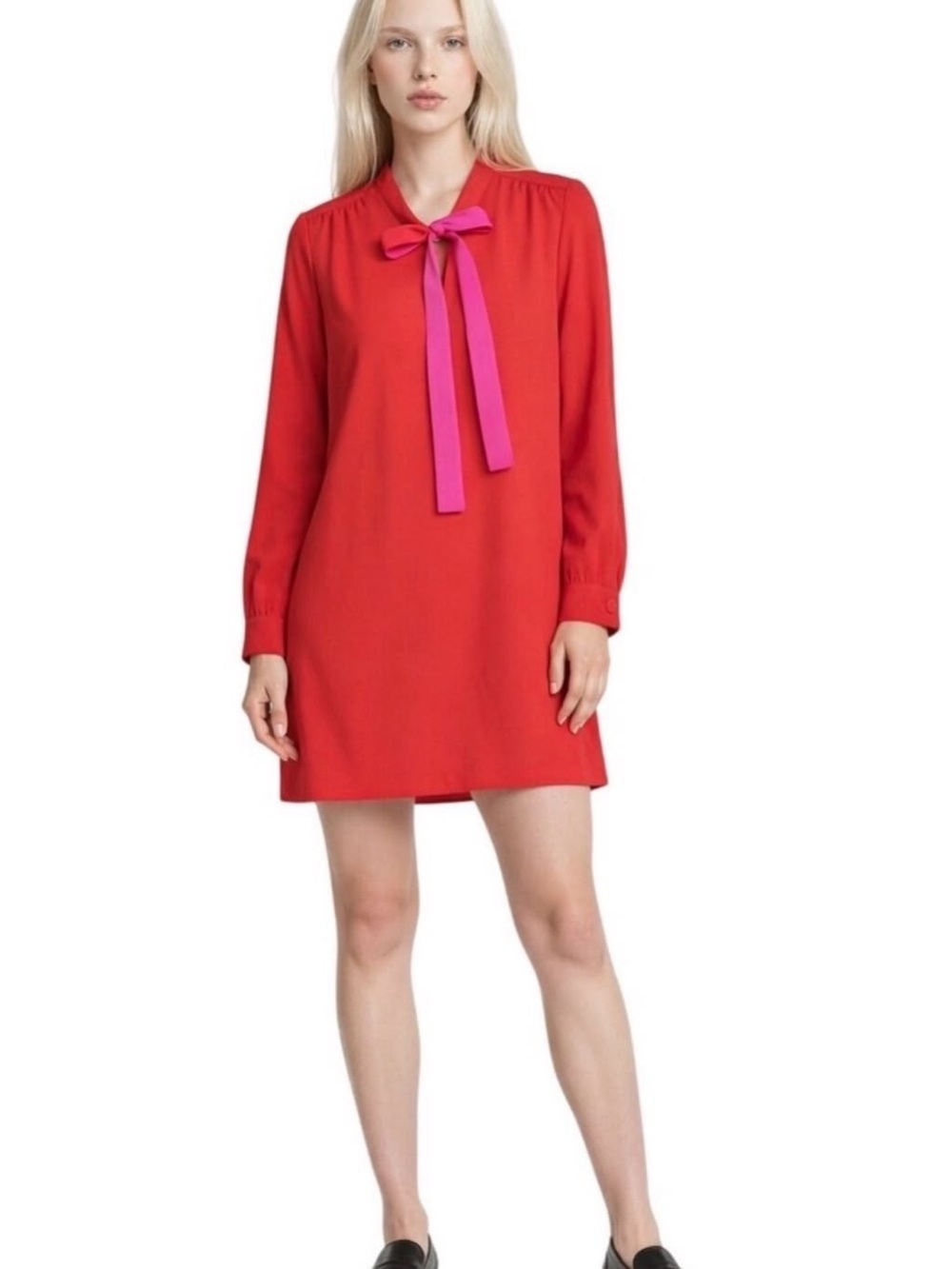 J. Crew Red Long-Sleeve Tie-Neck Shift Dress with Pink Ties
